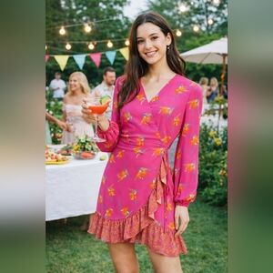 Charles Henry Pink Floral Wrap Ruffle Dress M